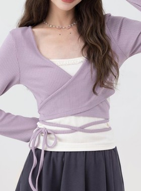 定制假两件紫色长袖T恤打底衫女春秋内搭设计感显瘦修身瑜伽印log