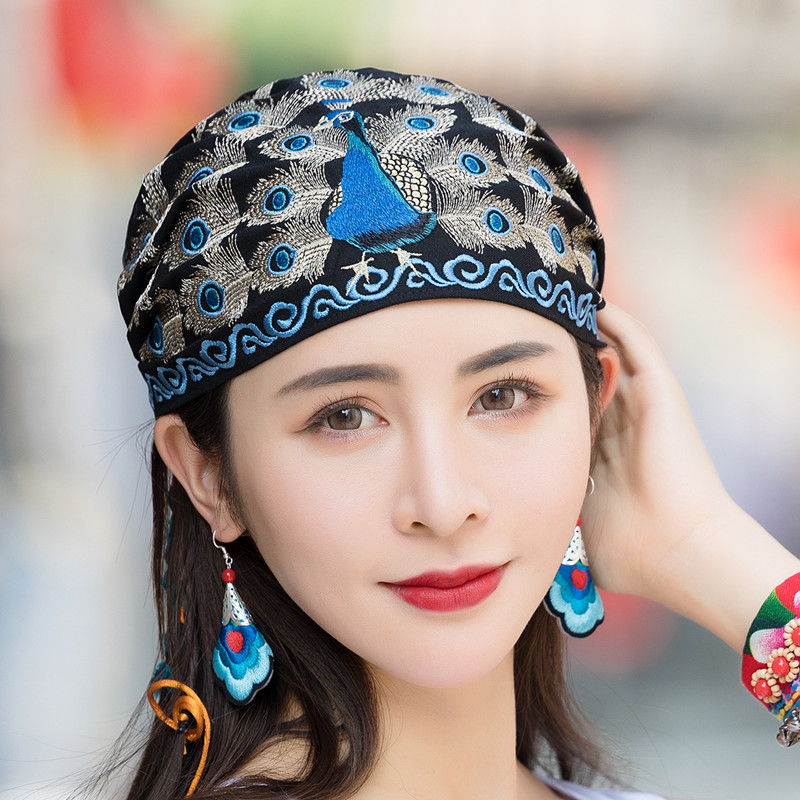 新款民族风绣花帽子系带百搭圆顶包头帽棉麻薄款头巾帽子女士帽