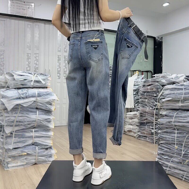 哈伦牛仔裤女2026春夏新款大码小个子梨型身材高腰显瘦九分老爹裤