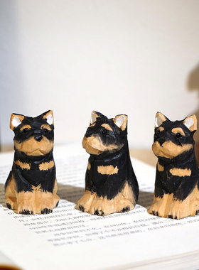 罗纳威幼犬手工木雕小摆件仿真小狗动物工位电脑办公室桌面装饰品