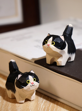 【精品版】小黑猫手工木雕小摆件卡通可爱猫咪动物办公桌面装饰品