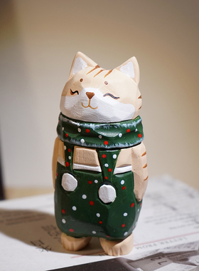 纳福绿围脖橘猫手工木雕小摆件