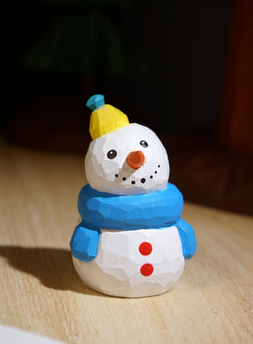 黄帽蓝围脖雪人手工木雕小摆件圣诞节日氛围感布置工位桌面装饰品