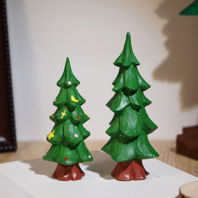 冬日雪松树手工木雕小摆件