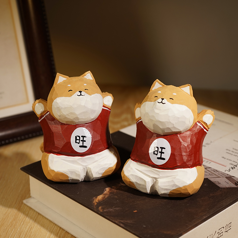 柴犬旺财手工木雕小摆件