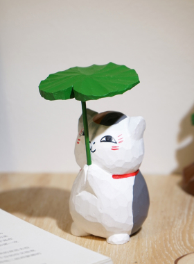 “猫咪老师斑举荷叶”手工木雕小摆件可爱公仔夏目友人帐娘口三三
