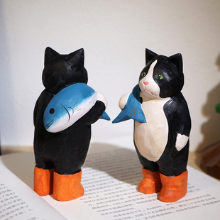 “自己捕鱼 丰衣足食”手工木雕小摆件复古背鱼猫渔夫创意艺术