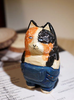 橘色花脸背带裤猫手工木雕小摆件