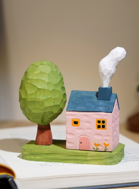 “小美好”手工木雕小摆件解压治愈绿树小屋创意桌面装饰品礼物