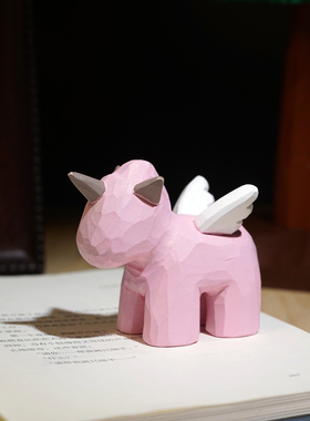 抽象艺术粉色独角兽手工木雕摆件
