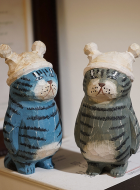 睡帽脏脏猫手工木雕小摆件