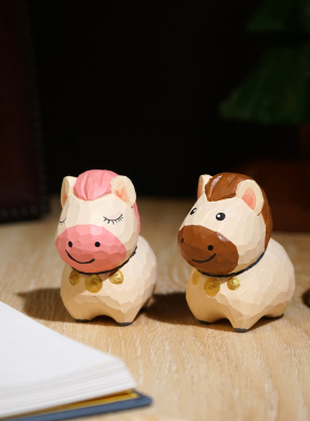 “亲昵小马驹”手工木雕小摆件可爱创意工位装饰品情侣马年礼物