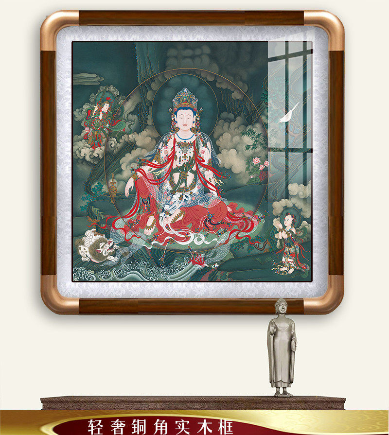 观音菩萨画像实木挂画水月自在观音佛像菩萨玄关壁画茶室装饰画
