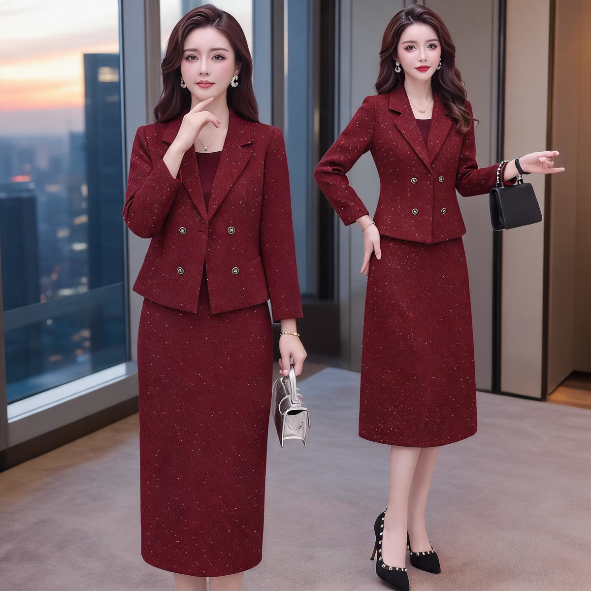 外套长袖连衣裙女2026春秋季新款洋气遮肉显瘦减龄两件套套装裙子