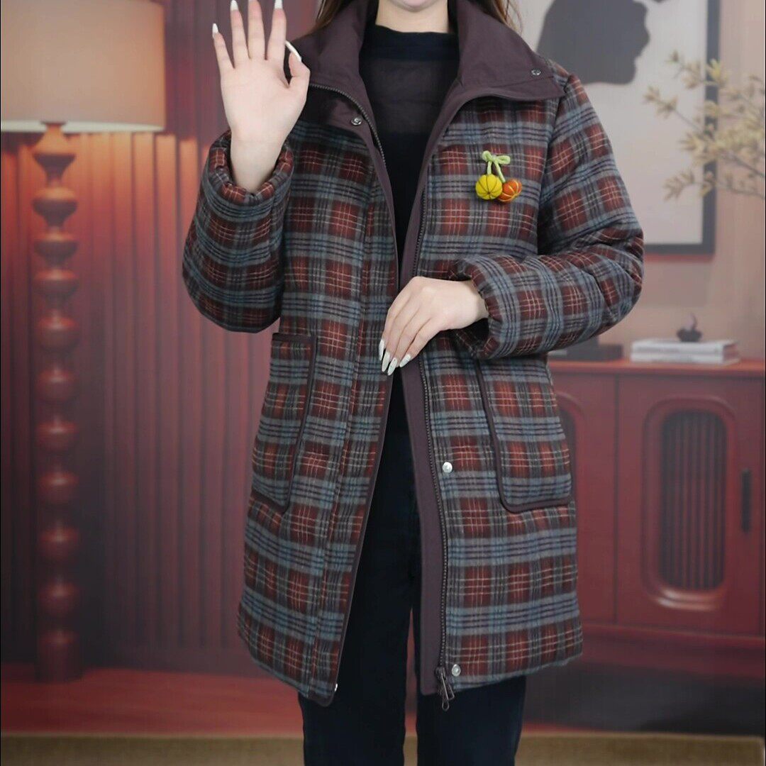 新款秋冬显瘦立领洋气格子气质大码显瘦时尚百搭加厚保暖棉服棉衣
