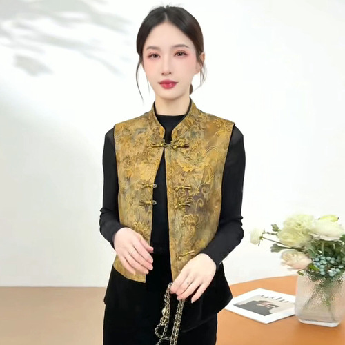 2026春季新款金色提花国风女装新中式风立领盘扣马甲女马夹上衣