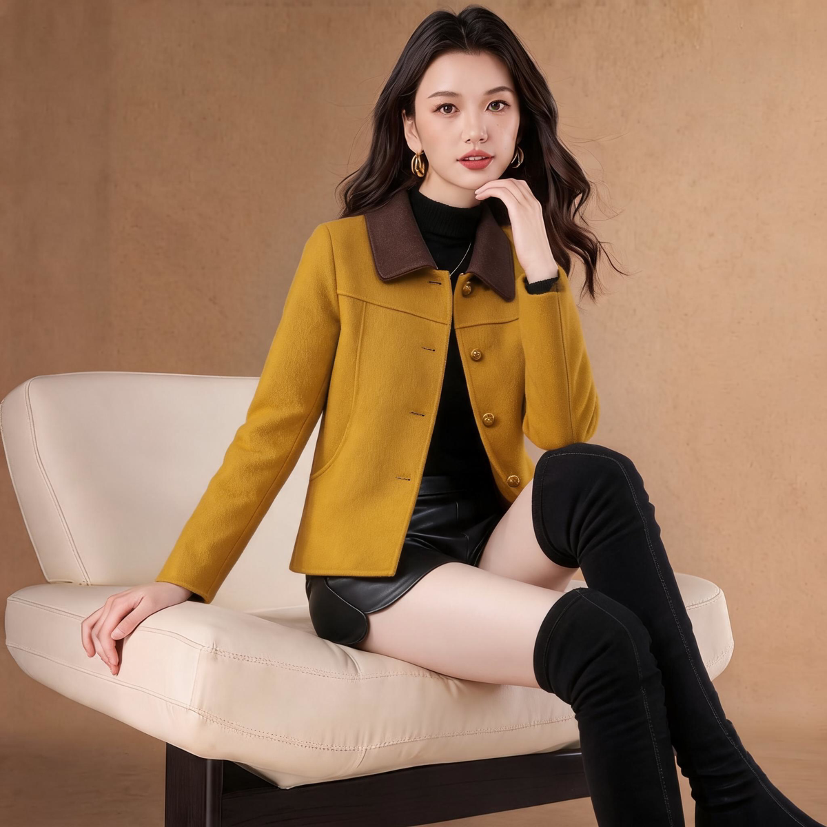 秋冬新款时尚短款圆领小香风洋气减龄时尚百搭显瘦女士双面呢外套