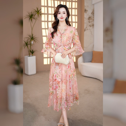 温柔风印花连衣裙2026年夏季气质女人味收腰显瘦荷叶边大摆裙子