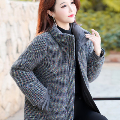 格纹立领羽绒服2026冬季新款短款宽松显瘦妈妈百搭加厚保暖白鸭绒