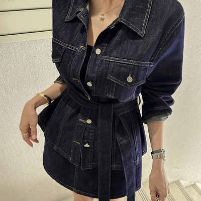 韩国明线翻领牛仔衬衫女+半身裙