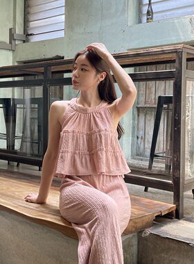 韩国露肩无袖衬衫背心阔腿裤套装