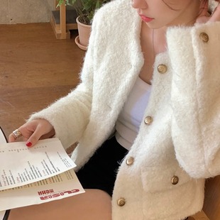 韩国东大门小香风毛绒感呢子外套女圈圈毛羊羔毛夹棉加厚短呢大衣