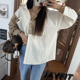 韩国东大门2026春装新款个性撞色宽松翻领单排扣口袋长袖衬衫女