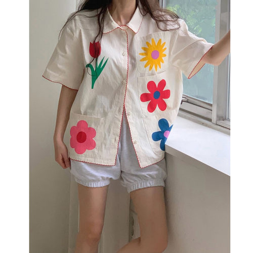 韩国宽松显瘦撞色边印花短袖衬衣
