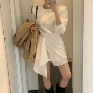 韩国东大门气质圆领垫肩宽松衬衫裙+叠穿不规则屁帘两件套连衣裙