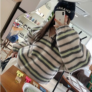 韩国东大门复古条纹撞色半拉链羊羔毛卫衣女宽松加厚保暖外套上衣