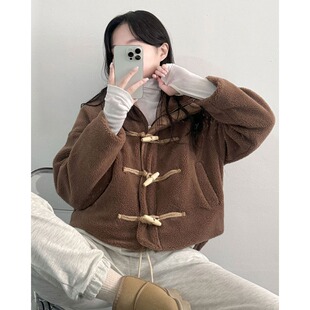 韩国东大门减龄牛角扣翻领毛茸茸保暖外套女羊羔毛夹棉短款棉服