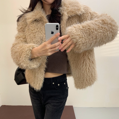 韩国小翻领仿羊毛皮草外套