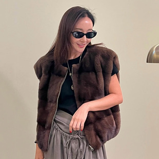 韩国东大门仿水貂毛两面穿连帽棉服马甲背心女短款坎肩皮草外套