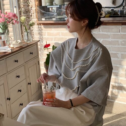韩国钉珠点缀宽松短袖t恤女