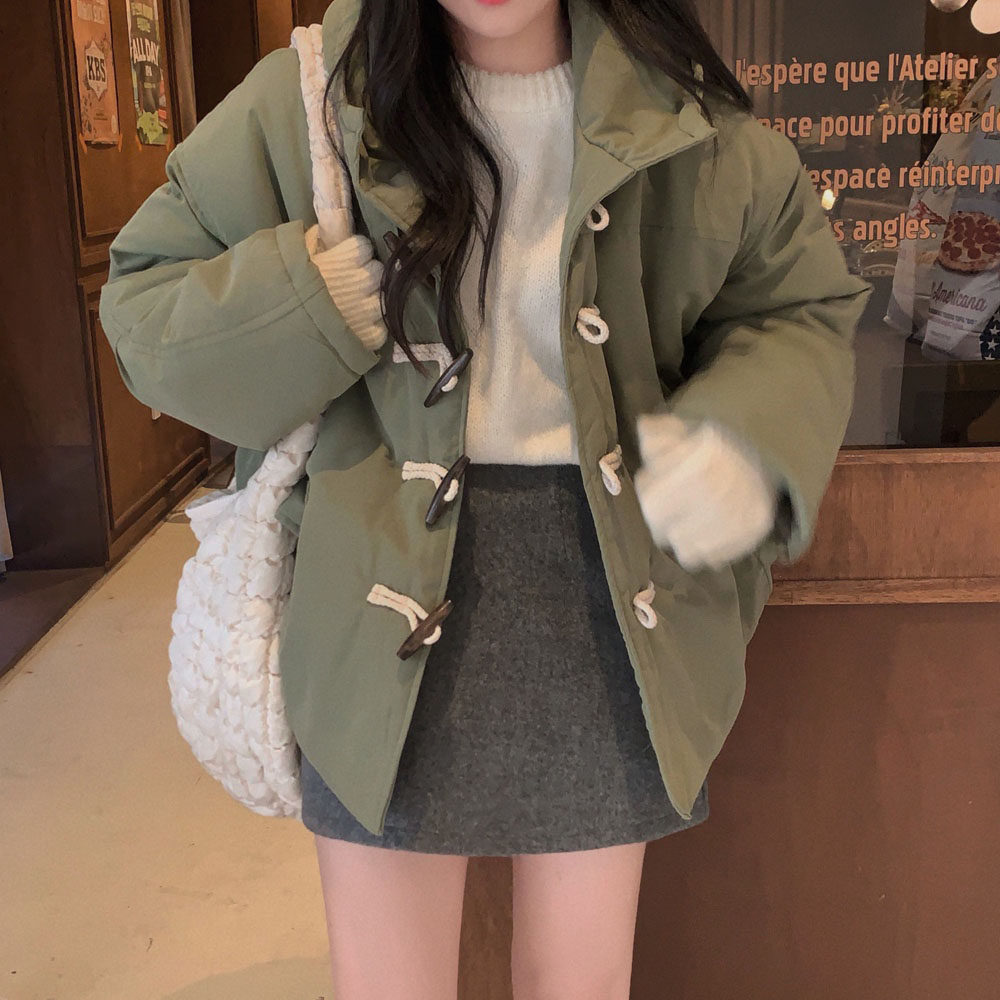 韩国牛角扣连帽保暖棉服外套