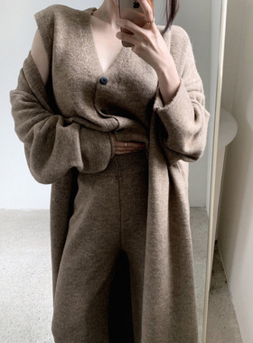 韩国东大门慵懒风长款羊绒毛衣开衫+马甲背心+垂感休闲裤三件套装