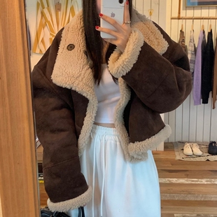 韩国东大门两面穿仿鹿皮绒加厚羊羔毛保暖外套女皮毛一体机车服