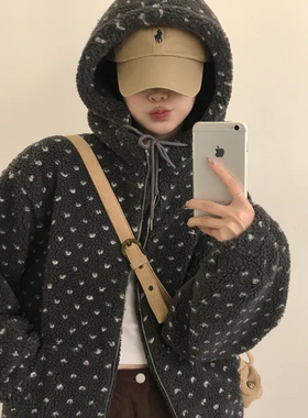韩国东大门羊羔毛爱心波点连帽外套女加厚保暖棉衣复古咖色棉袄
