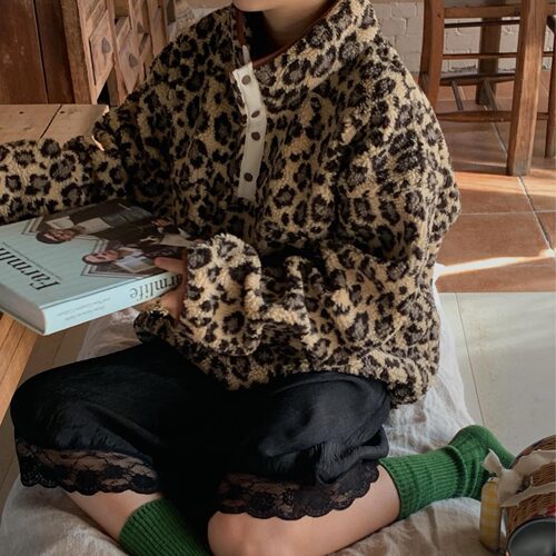 韩国半拉链复古豹纹羊羔绒卫衣
