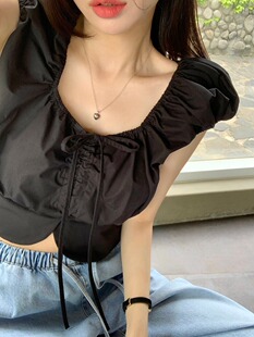 韩国东大门蝴蝶结系带方领泡泡袖短款背心上衣女荷叶边显瘦衬衫