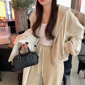 韩国东大门设计感双拉链坑条连帽卫衣外套女 两件套 宽松运动卫裤