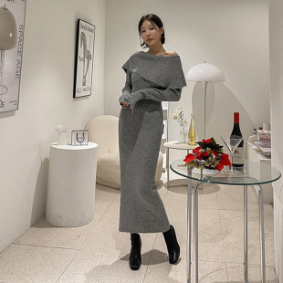 韩国东大门设计感一字肩修身 显瘦包臀毛衣裙 显瘦针织连衣裙中长款