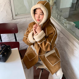 韩国东大门麂皮绒皮毛一体中长款保暖棉服外套女宽松连帽皮草大衣