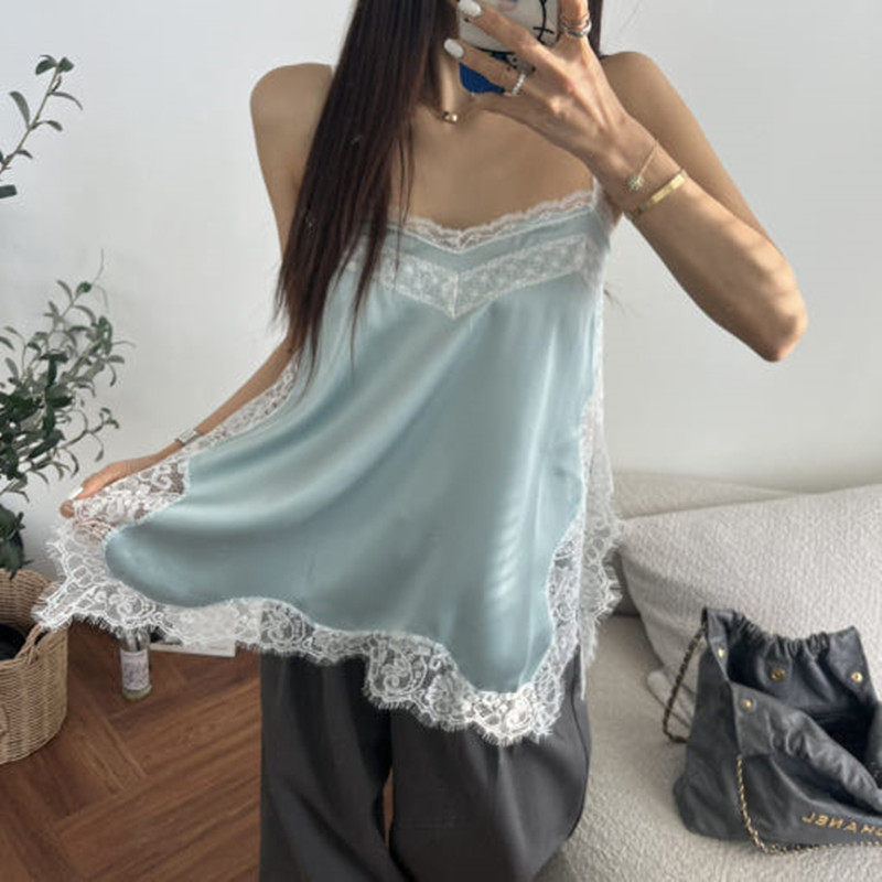 韩国东大门丝滑缎面蕾丝花边吊带衫女内搭外穿叠穿打底背心裙