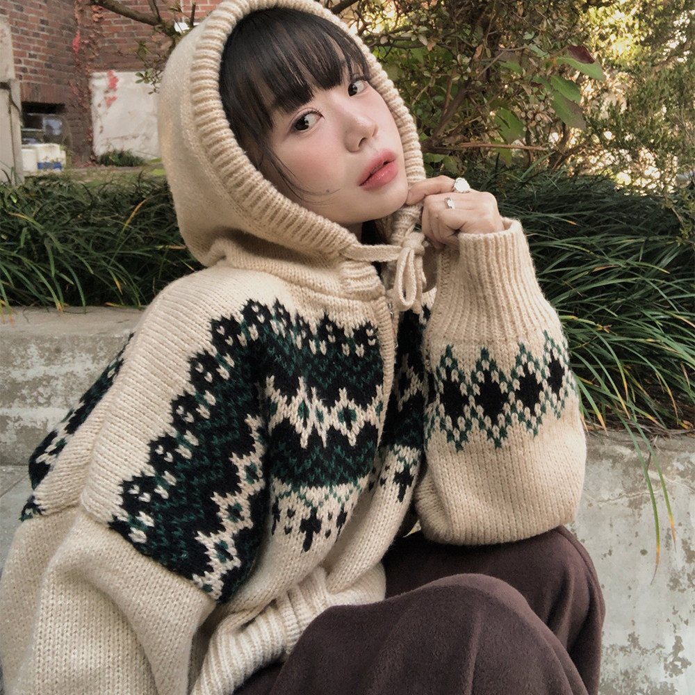 韩国东大门复古减龄费尔岛圣诞撞色提花连帽针织毛衣开衫外套女,女装/女士精品,毛衣,淘宝优惠券,粉丝福利购,淘宝优惠卷