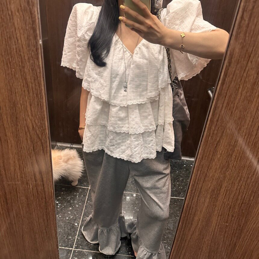 韩国甜美V领蕾丝花边短袖衬衫