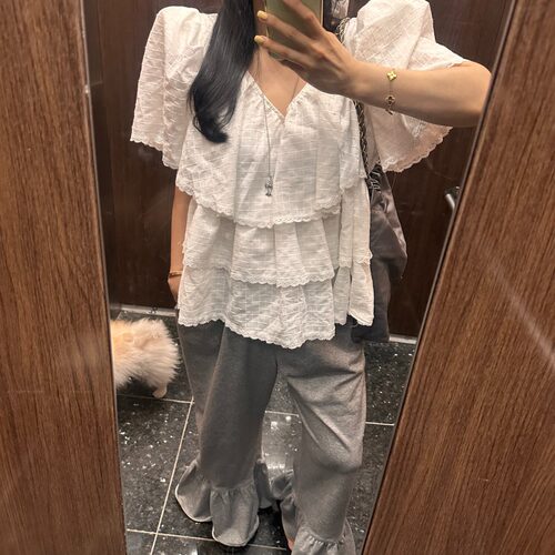 韩国甜美V领蕾丝花边短袖衬衫