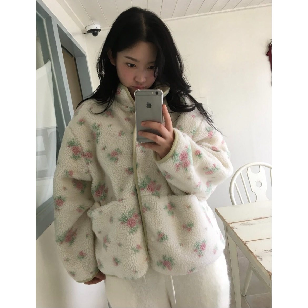 韩国东大门甜美小清新两面穿碎花羊羔绒夹棉保暖棉服卫衣外套女