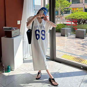 韩国东大门2025夏季慵懒休闲风宽松字母印花短袖套头T恤连衣裙女