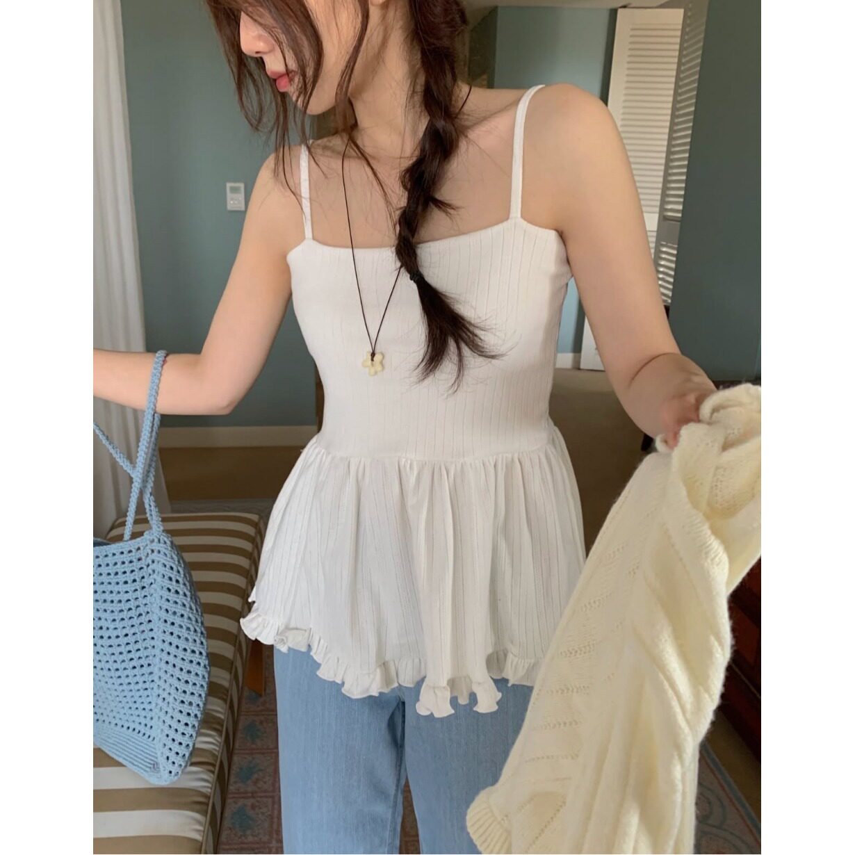 韩国东大门甜美荷叶边裙摆吊带背心收腰显瘦木耳边叠穿内搭打底裙